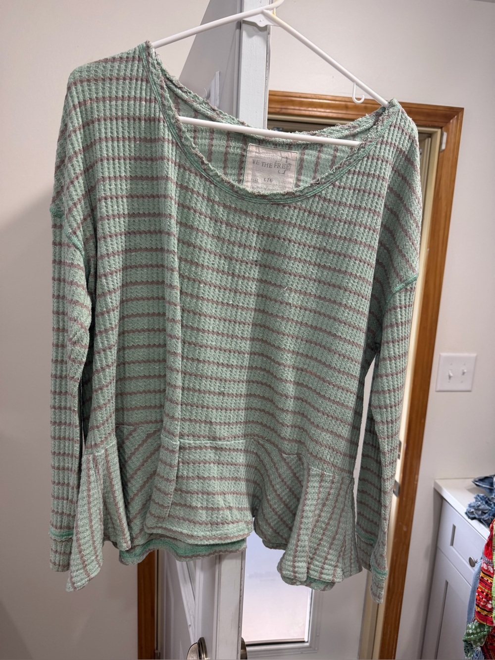 We The Free Mint Green and Pink Striped Waffle Knit Pullover